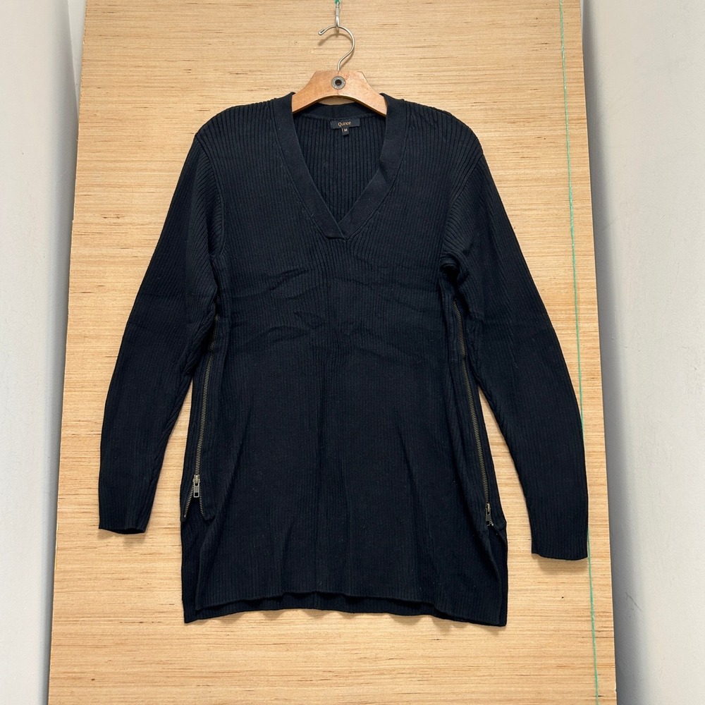 Quince Womens Black Ribbed V-Neck Tunic Sweater Side Zippers Size M